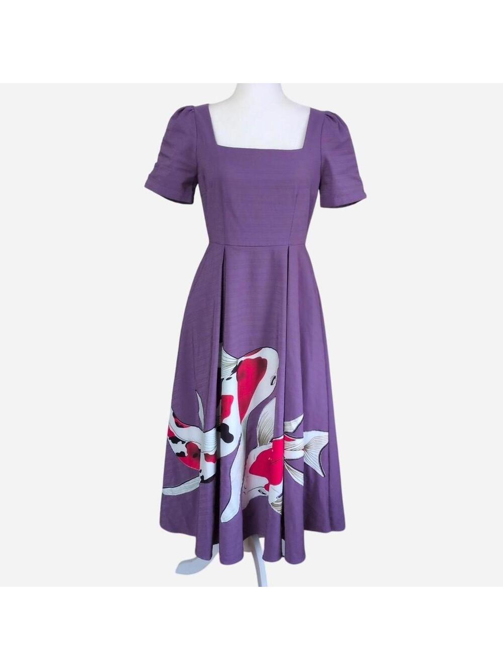 90s Love Lady Korean Export Koi Border Print Midi Dress In Lavender Vintage S/M